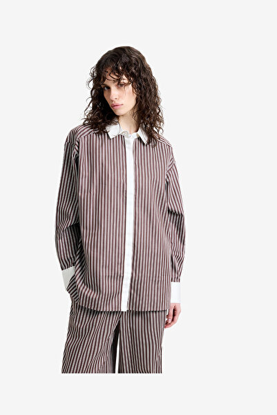 French Connection Women's Alexis Poplin Brown Striped Button Down Relaxed Shirt