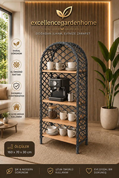 EXCELLENCE GARDEN HOME Latte Rattan Kahve Köşesi Kitaplık Çiçeklik | El İşçil...