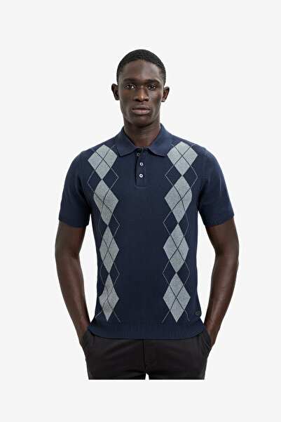 French Connection Men's Navy/Grey Ss Diamond Knited Polo T-Shirt