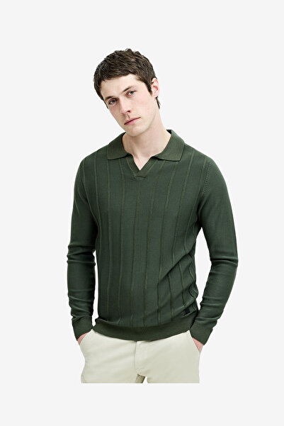 French Connection Men's Open Collar Vertical Stitch Green Knit Top