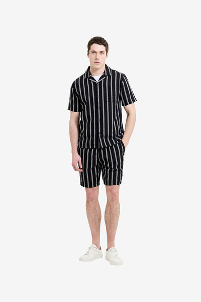 French Connection Men's Black/White Ss Ant Stripe Combo Holiday Shirt