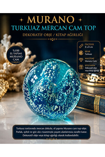 Atak Hediyelik Murano Turkuaz Mercan Cam Top Obje / Kitap Ağırlığı