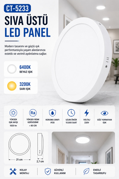 Yenilig CT-5233 Sıva Üstü LED Panel 18W 6400K Beyaz Işık Beyaz Kasa – 21 cm Ç...