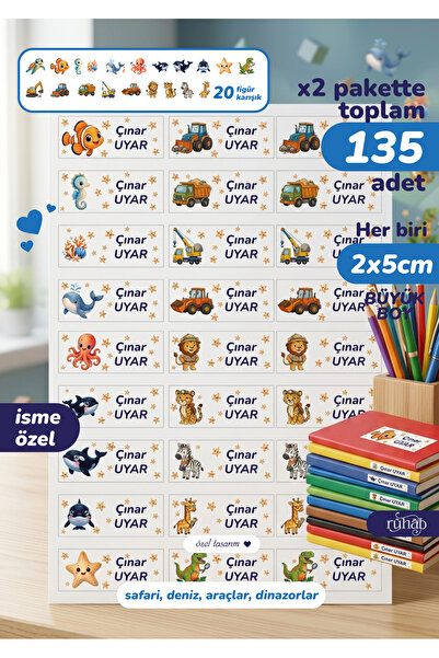 Ruhab Erkek Çocukları Okul Etiketi / İsme Özel / x2 Paket Toplam 135 Adet / 2...