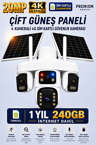 Trio SGX-479 4 Kameralı Çift Solar Güneş Panelli Kamera 240GB İnternet Sim Kartlı Kamera Gece Görüş