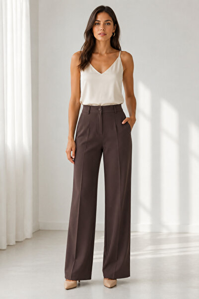 bihan store Pleated Classic Cut Palazzo Women's Trousers Y26-253-Brown