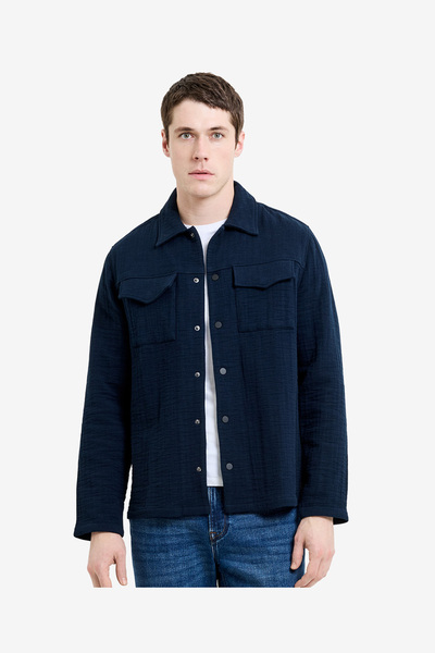 French Connection Men's Navy Ls Texture Striped Canvas Shirt