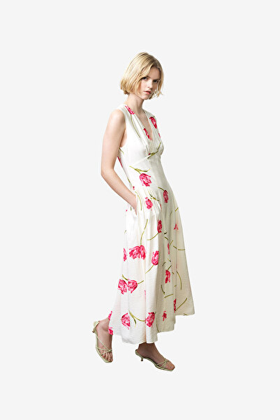 French Connection Women's Ivory/Pink Multi Cressida Faron Drape Midi Dress