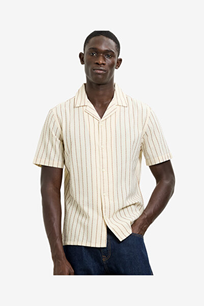 French Connection Men's Bone White / Cocolate Ss Contrast Stitch Stripe Shirt