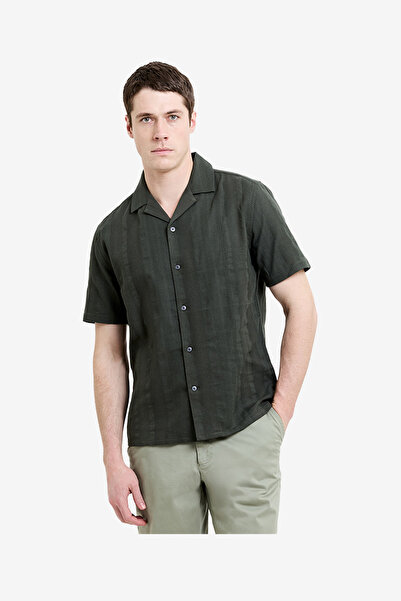 French Connection Men's Khaki Green Ss Textured Striped Holiday Shirt