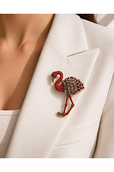Ceso Accesories Kırmızı Gold Taşlı Flamingo Figürlü Broş