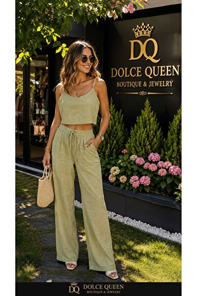 DOLCE QUEEN Kadın Boncuk Detaylı Askılı Crop Bluz Bol Paça Pantolon İkili Takım