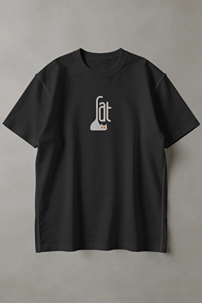 Nakışlı Cat Yazılı Oversize Tişört, Kedi Temalı Minimal Nakış Desenli Unisex Siyah T-Shirt