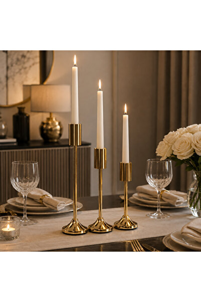 Vien Home 3’lü Gold Metal Şamdan Seti Dekoratif Mumluk – Salon Masa Konsol Sö...
