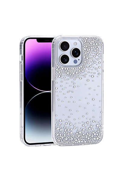UnDePlus Apple iPhone 14 Pro Max Kılıf Parlak Işıltılı Damla Taşlı Şeffaf Per...