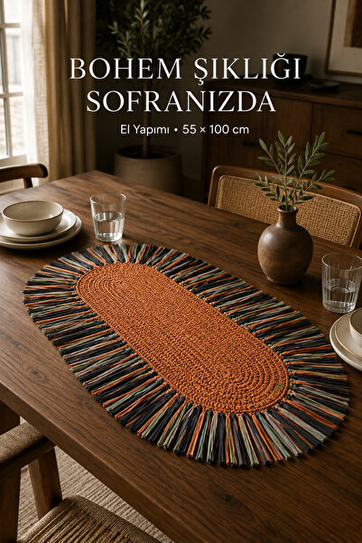 Sawinno Home Raffia Püsküllü Bohem Runner Masa Örtüsü 55x100 cm