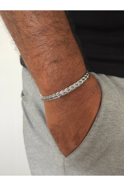 DGK COLLECTİON Silver Color Steel, Knitted Pattern Men's Bracelet That Fits A...