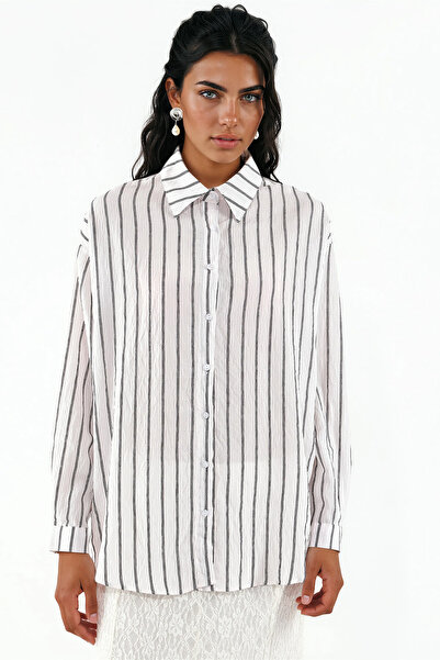 Merterium Women's Striped Oversize Shirt 1346 - White