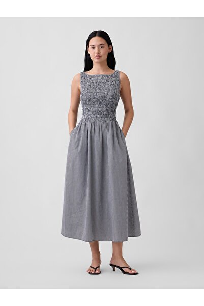 GAP Kadın Lacivert Smocked Boatneck Maxi Elbise