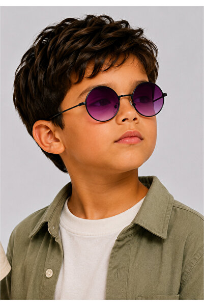 Toz Vintage Polvo Purple Glass Black Frame Round Children's Sunglasses