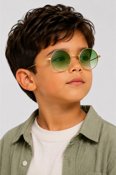 Toz Vintage Polvo Green Glass Gold Frame Round Children's Sunglasses