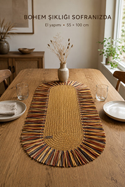 Sawinno Home Raffia Püsküllü Bohem Runner Masa Örtüsü 55x100 cm