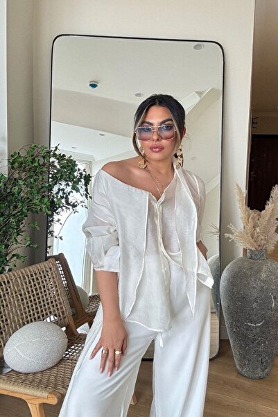 solena sln Kadın Tencel Oversize Transparan Kendinden Atkılı Gömlek