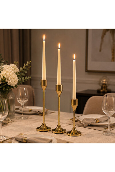 3’lü Gold Kadeh Model Metal Şamdan Seti Dekoratif Mumluk – Salon Masa Konsol Söz Nişan Şamdanı 22,5 cm-19,5 cm-16,5 cm