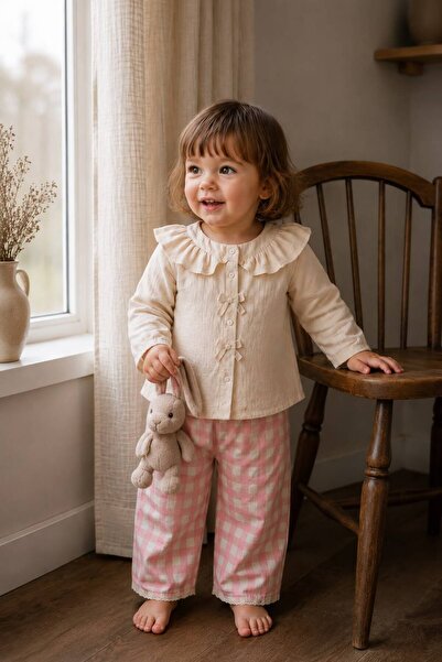 Elo Checkered Fabric Ruffle Detailed Baby Girl Sensitive 2-Piece Set