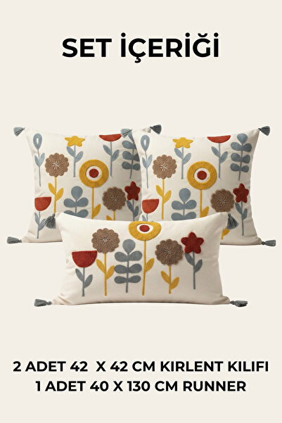 Dokuvia Flora Ritim Punch Nakışlı 3'lü Kırlent Kılıfı Seti 2 Adet 42x42 cm + ...