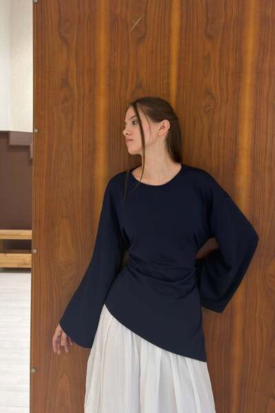 fayaboutique.com Navy Blue Waist-Tied Asymmetrical Combed Cotton Blouse