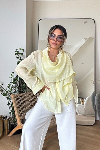 solena sln Kadın Tencel Oversize Transparan Kendinden Atkılı Gömlek