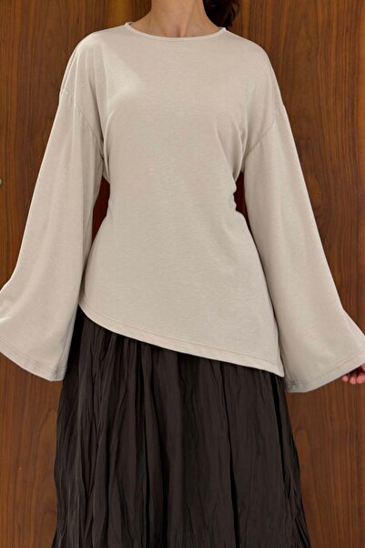 fayaboutique.com Stone Color Waist-Tied Asymmetrical Combed Cotton Blouse