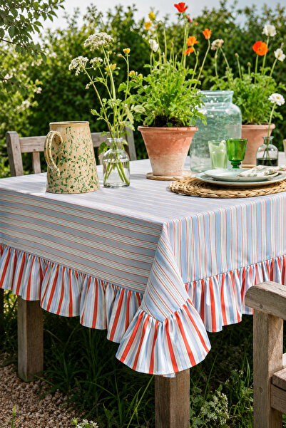ASDİVA Blue Red Striped Ruffle Tablecloth-Kitchen Garden Balcony and Living R...