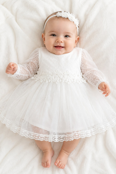 Babyhola Baby Girl White Tulle Long Sleeve Evening Dress with Pearl and Flowe...