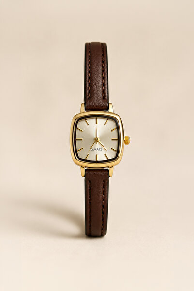 GANYMET Michy Women's Wristwatch Gold Square Case Brown Leather Band Silver D...