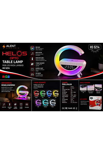 Helios Masa Lambası Kablosuz Şarj Aleti Rgb Saat Göstergeli Alarmlı Sese Duyarlı