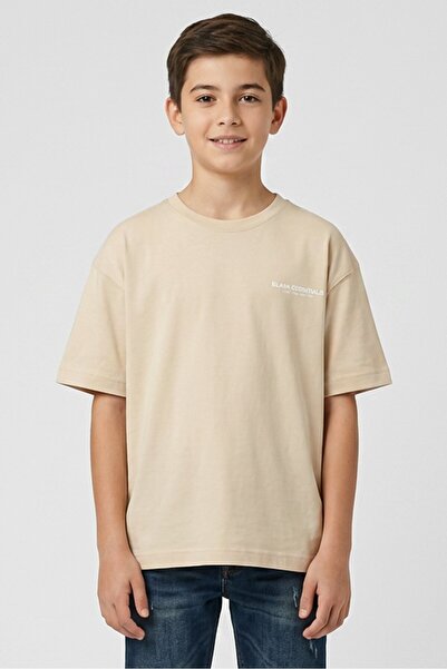 BLANK ESSENTIALS Kids Boy Crew Neck Short Sleeve Brand Logo T-Shirt, Beige