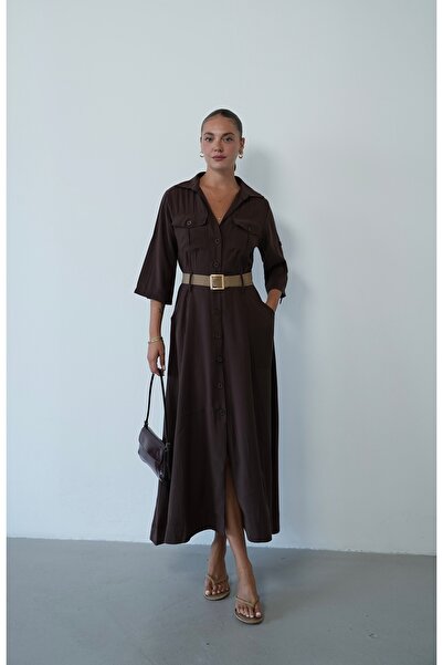 Myra Fashion Safari Gömlek Yaka Kemerli Cepli Midi Elbise