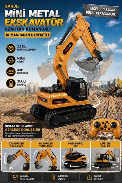 NUNU Metal Mini İş Makineleri- 1:64 ORAN – Uzaktan Kumandalı Şarjlı Ekskavatö...