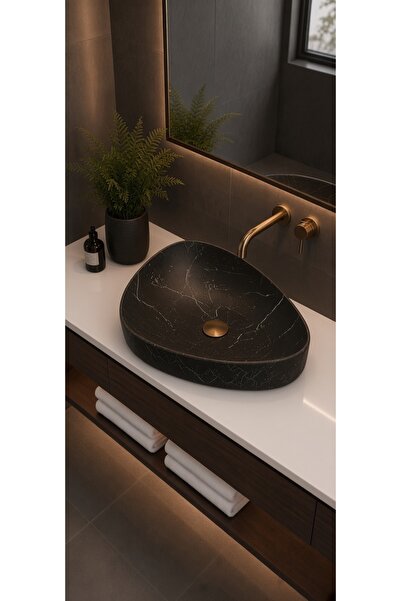 Taş Atölyesi Mermer Desenli Tezgah Üstü Oval Model Çanak Taş Lavabo 48 x 38 cm
