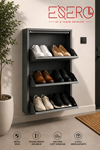 ESERO 3 Kapaklı Metal Antrasit Ayakkabılık 50x104x15 cm | Dar İnce Ayakkabı D...