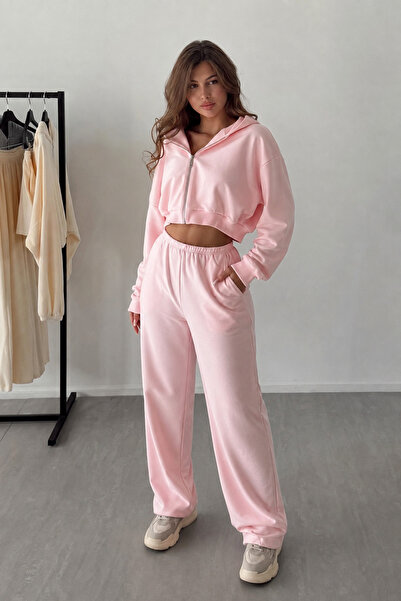 Butik Women's Pink High Waist Comfortable Fit Wide Leg Sweatpants Nns018