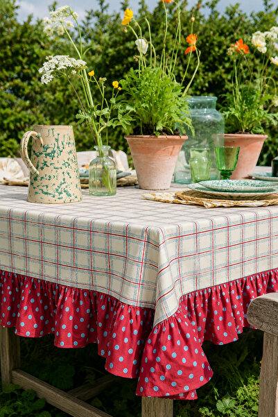 ASDİVA Plaid Patterned Blue Polka Dot Ruffled Tablecloth – Country Style Deco...
