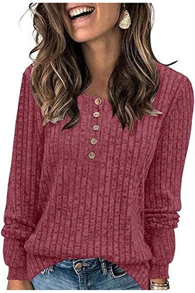 OtherMax Pulover tricotat de damă, tunică casual, guler Henley rotund, roșu, ...