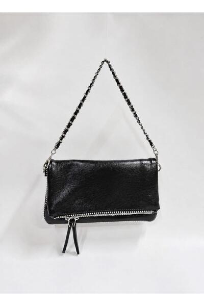 Valenbags Black Soft Leather Bag with 2 Chain Straps and Chain Detail