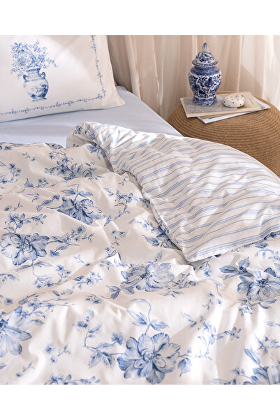 Madame Coco Chapele King Size 100% Cotton Ranforce Printed Elastic Sheet Duvet Cover Set - Blue