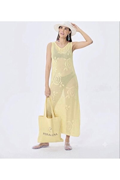 TOFİX textile Women's Black Rose Patterned Transparent Knitted Beach Dress Tr...