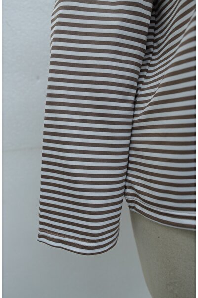 MODAQU Çizgili Bisiklet Yaka Salaş Viskon Sweatshirt Açık Kahverengi