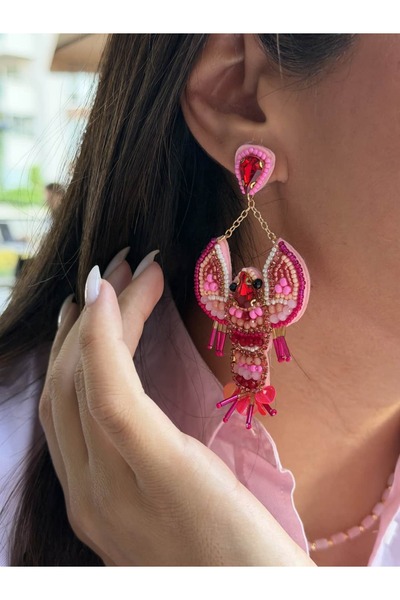 illys Keçe Üzeri Boncuk El İşçiliği Pembe Istakoz Küpe